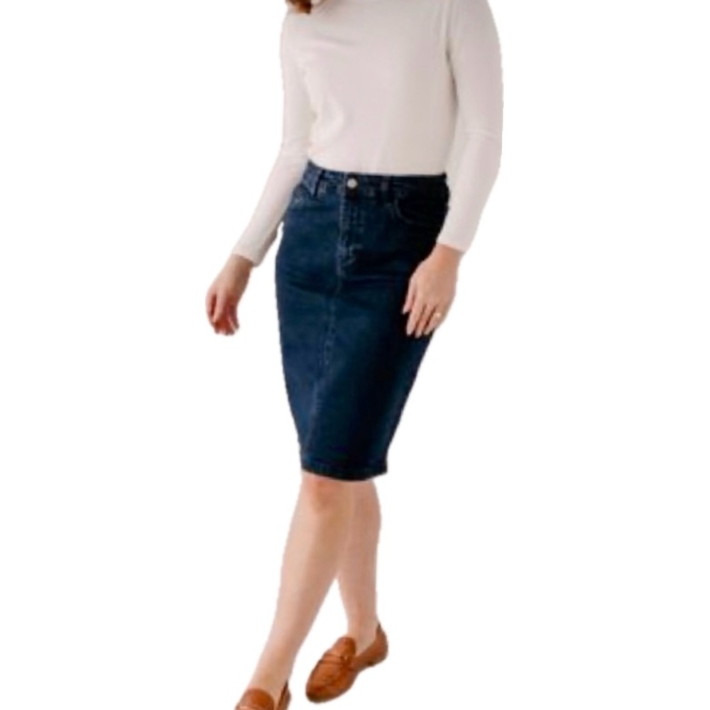 Lands End dark denim pencil skirt front slit two button stitching  plus-…